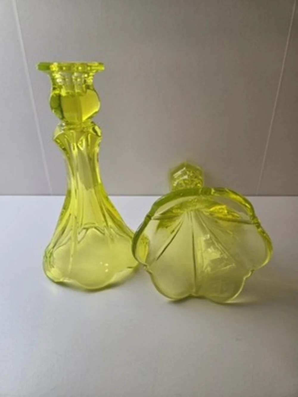 Vaseline Uranium Glass Candlestick Pair 